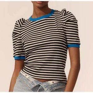 NWT Anthropologie Maeve Black White Striped Puff Crew Neck T-Shirt Blue Trim XL